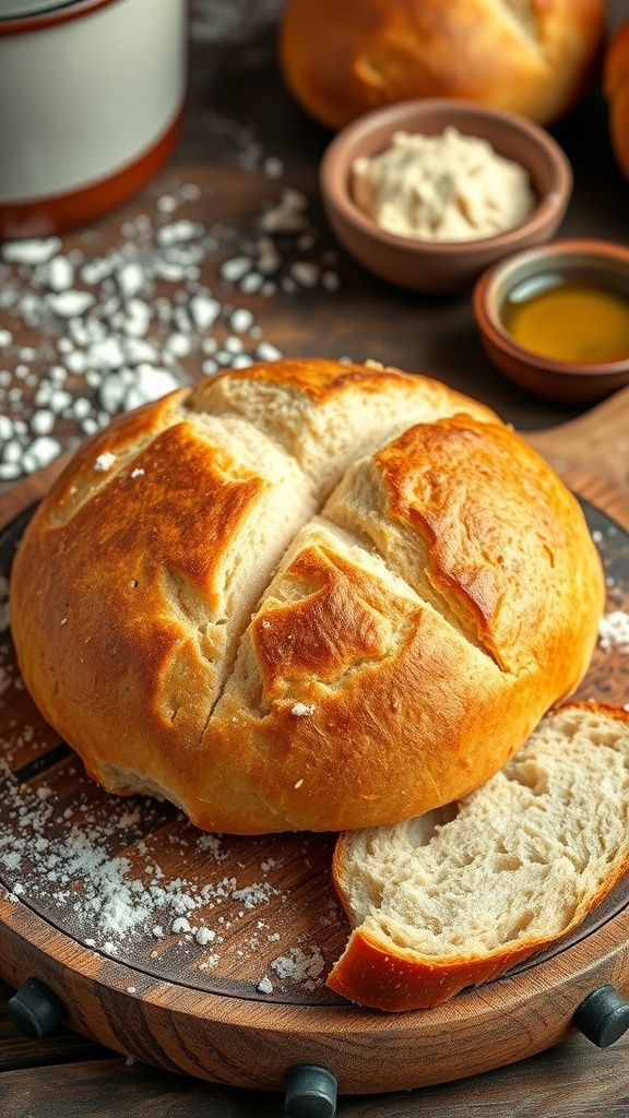 A round loaf of golden crusted Dutch oven bread on a wooden board, with sliced pieces beside it.